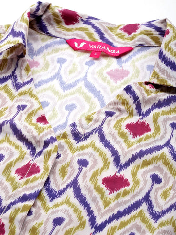 Off White Ikat Printed Shirt Collar Straight Kurta Paired With Violet Solid Bottom.